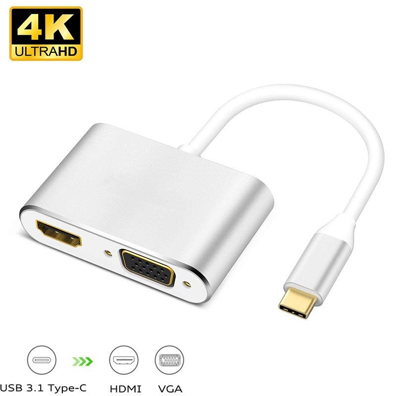 Cables & Connectors | USB 3.1 Type-C to HDMI VGA Adapter 2 in 1 VGA HDMI 4K UHD Dual Screen Display Adapter  Silver Cables & Connectors Cables & Connectors